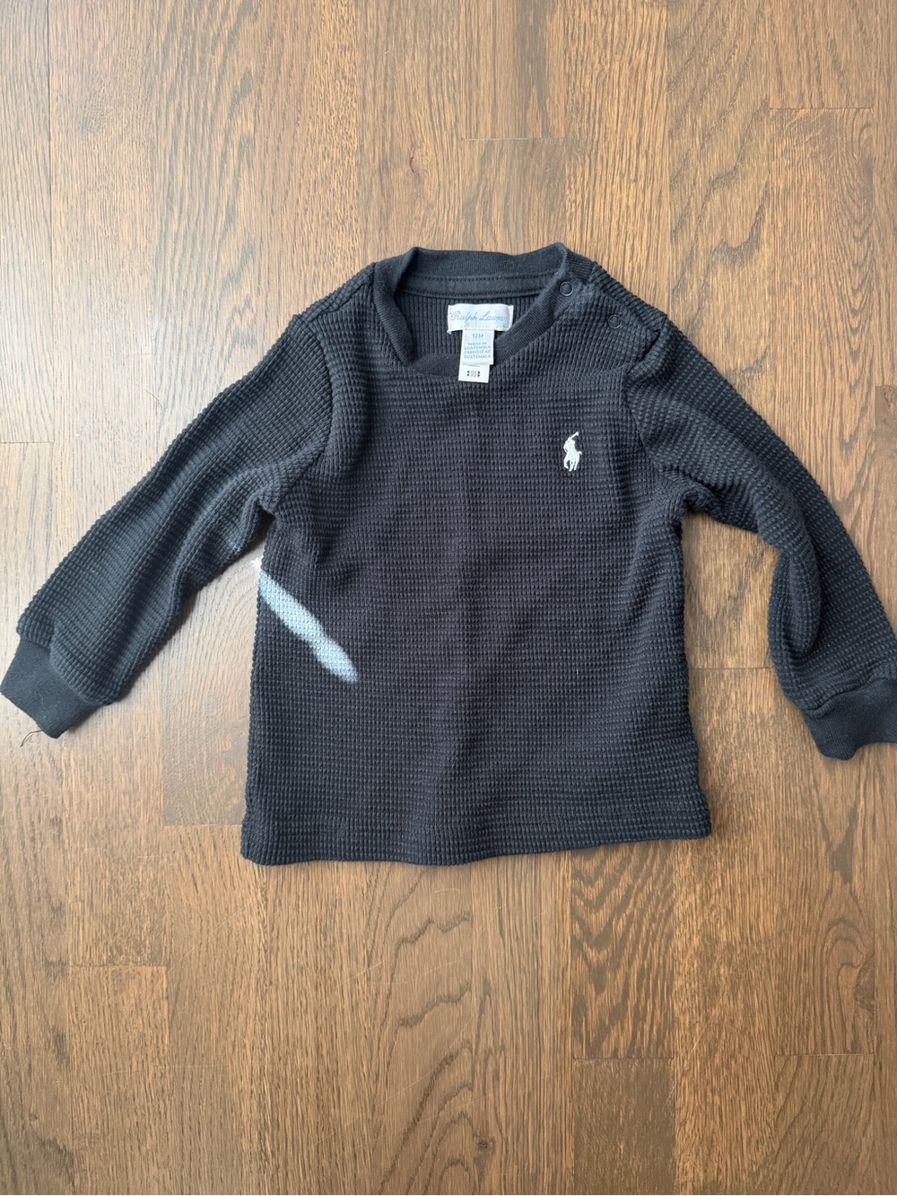 Ralph Lauren Black Waffle Knit Long-Sleeve Tee with White Logo